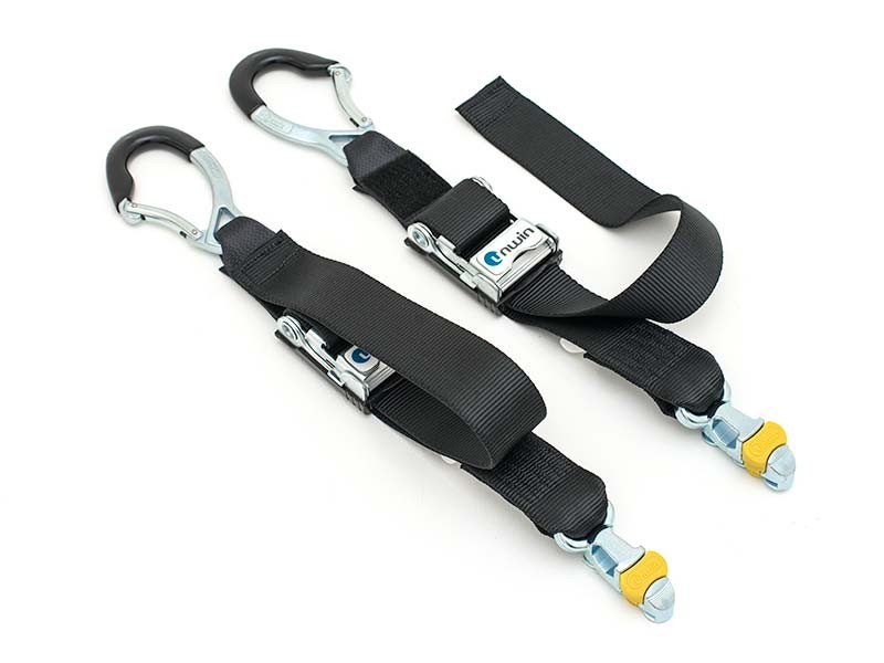 Front and rear wheelchair tie-down belts