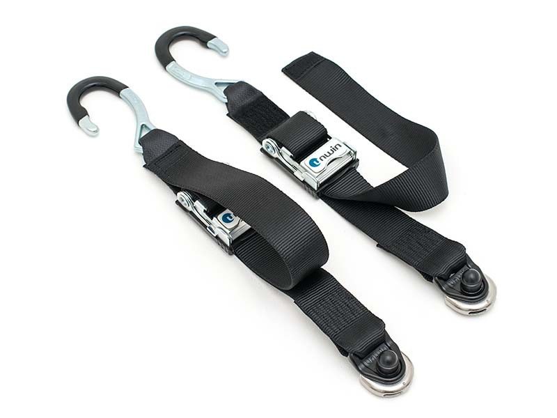 Front and rear wheelchair tie-down belts