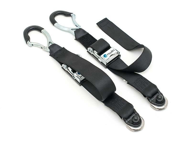 Front and rear wheelchair tie-down belts
